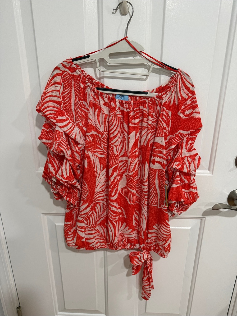 CeCe Red and White Off-Shoulder Ruffle Blouse with Front Tie